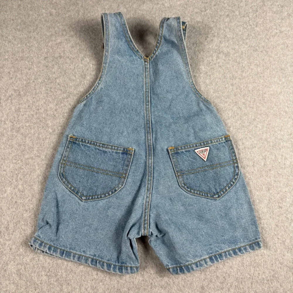 Vintage 90s Guess Baby 18M Denim Shortalls Overalls Triangle Logo Snap Crotch